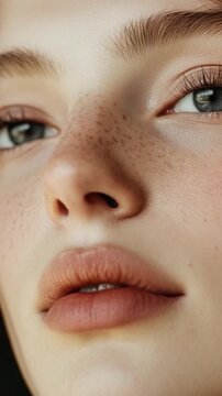A close-up photo of a woman's face featuring distinctive freckles