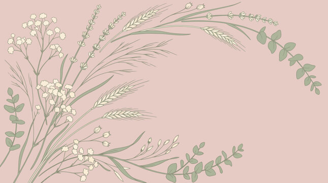 Botanical Meadow Herbs and Wild Grasses on Pink Background