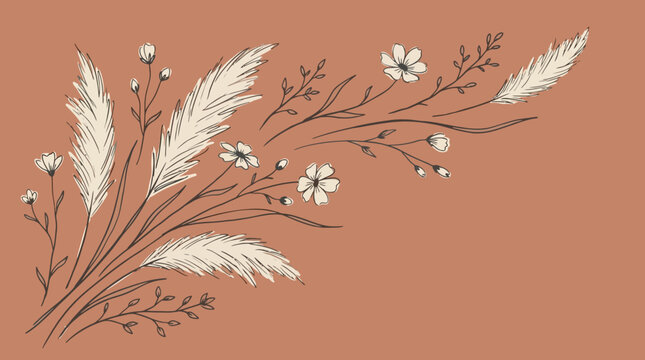 Elegant Minimalist Botanical Illustration of Wildflowers and Wheat Stalks
