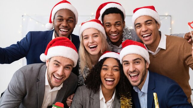 Diverse group of coworkers taking a cheerful selfie together while wearing santa hats in an office