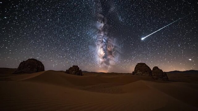 Vast desert landscape under a starry night sky with the Milky Way and rock formations