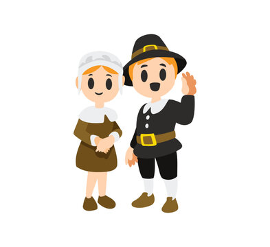 Cute Pilgrim couple cartoon character Thanksgiving vector illustration