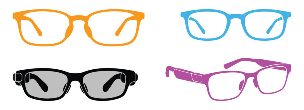 Modern eyeglasses in orange blue black and purple frames vector illustration.
