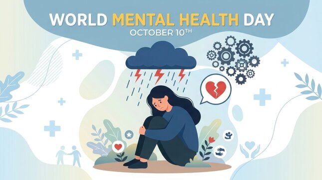 World mental health day illustration with a sad woman sitting under a rain cloud