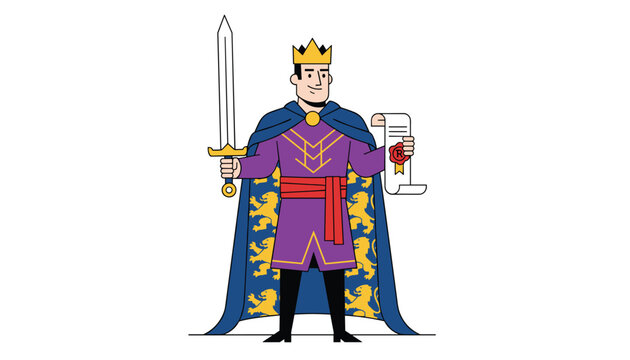 Majestic cartoon medieval king wearing a crown and a blue cape while holding a silver sword and a royal decree scroll.