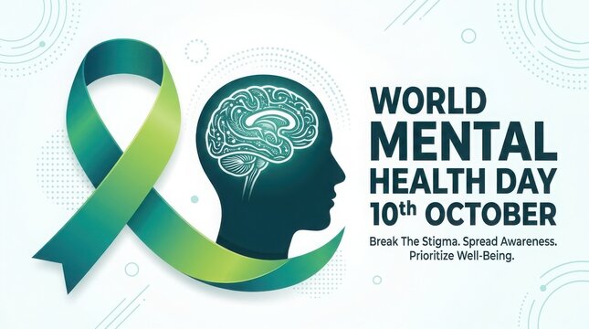 World mental health day awareness banner with green ribbon and human head silhouette