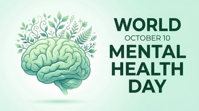 World mental health day illustration with a brain growing plants and leaves