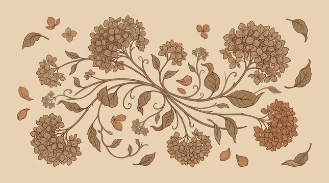 Vintage Brown Hydrangea Flower Bouquet with Leaves on Beige Background