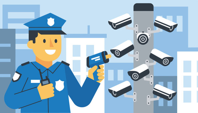 Smiling police officer holding a radar speed gun next to a pole with multiple security surveillance cameras in the city.