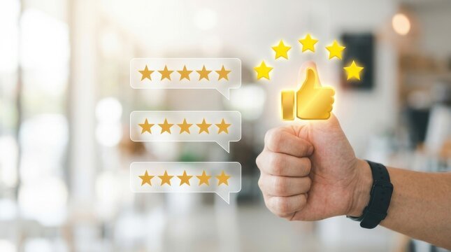 Hand giving thumbs up with star rating feedback bubbles