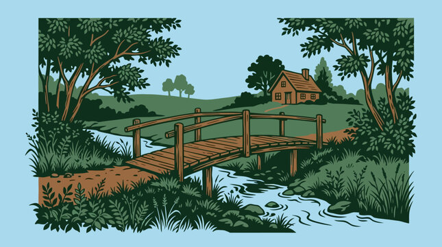 Serene Countryside Landscape Featuring a Wooden Bridge Over a Flowing Creek