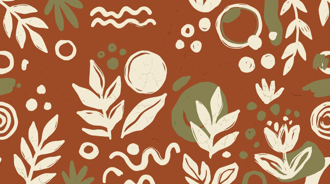 Boho Abstract Floral Seamless Pattern with Leaves and Earthy Tones