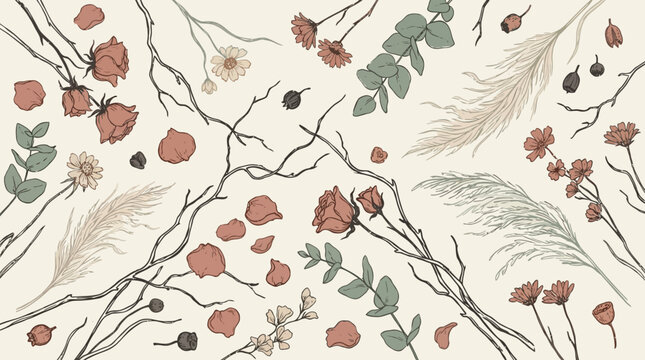 Botanical Autumn Floral Pattern with Dried Flowers and Branches