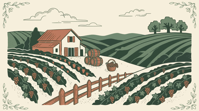 Vintage Style Farm Landscape Featuring Rolling Vineyards and Rustic Barn