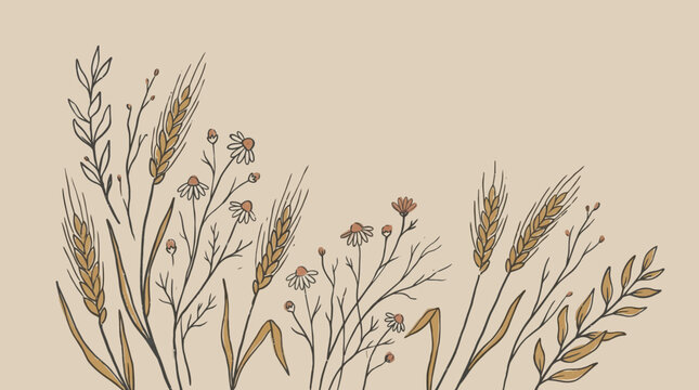 Hand Drawn Botanical Wheat and Wildflower Illustration on Beige Background