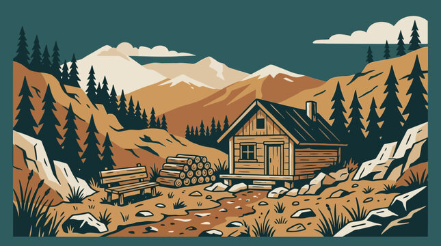 Retro wooden cabin in the mountains landscape illustration vector art
