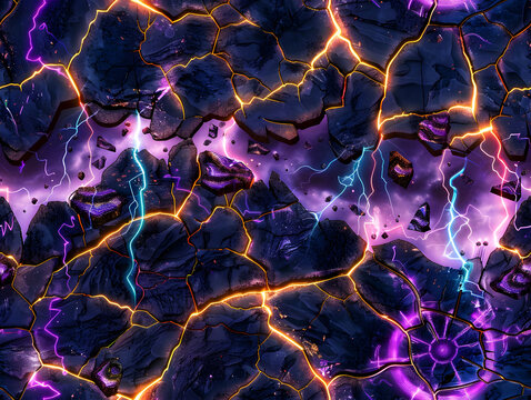 Abstract cyber kintsugi seamless pattern, dark stone texture with glowing neon orange and blue light fissures