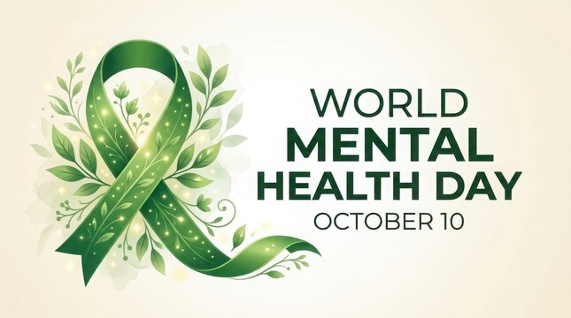 World mental health day awareness banner with green ribbon and leaves