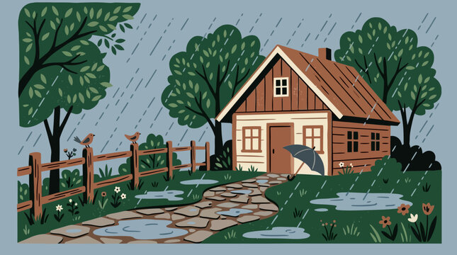 Rustic wooden cottage in rainy forest with puddles and stone path illustration