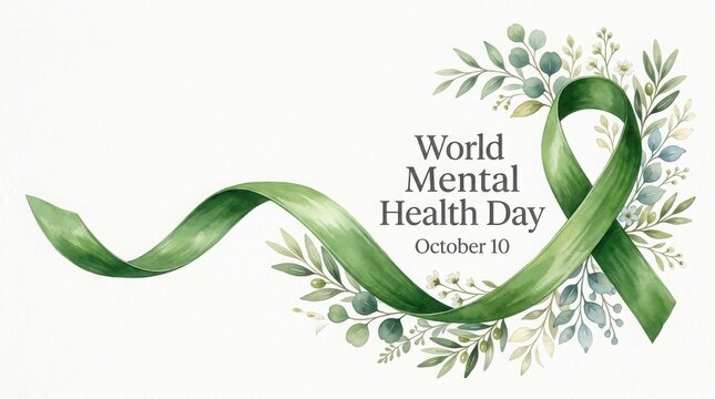 World mental health day watercolor green ribbon illustration isolated on white background