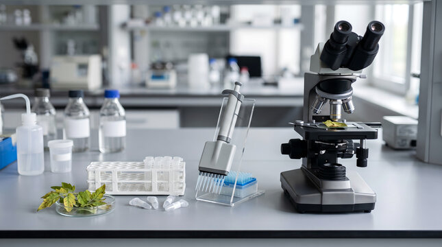 Microscope and plant leaf on modern laboratory bench for research
