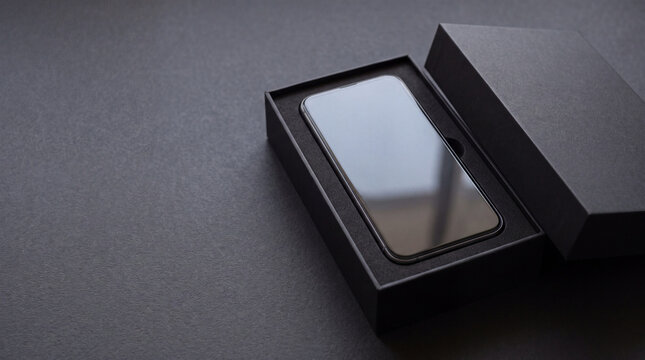 Unbranded smartphone in open black presentation box with copy space
