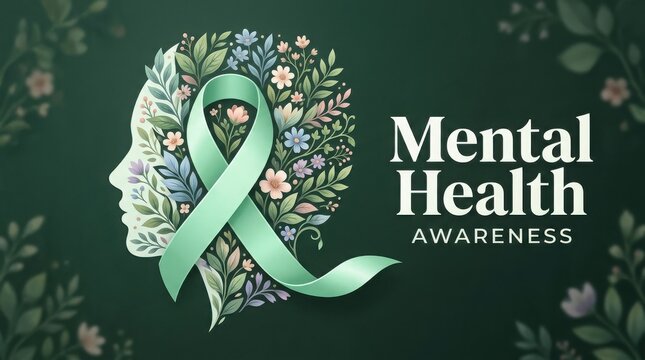 Mental health awareness concept with profile silhouette and green ribbon surrounded by floral elements