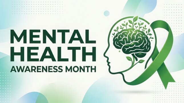 Mental health awareness month banner with green brain and ribbon illustration