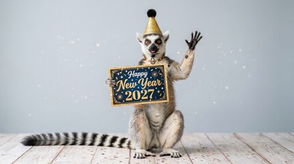 Obraz premium Cute ring-tailed lemur wearing a party hat holding a sign wishing happy new year 2027
