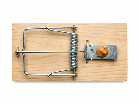 Mouse trap with peanut butter bait on a wooden base, top down view, isolated on white background for pest control concept
