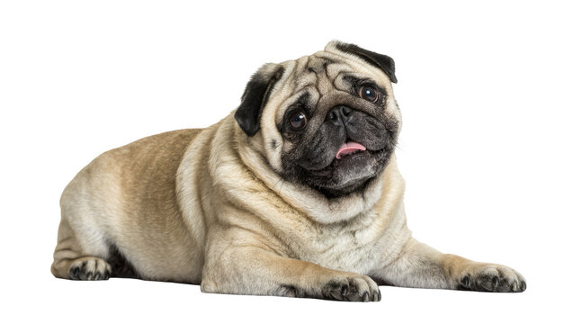 Fawn pug dog with wrinkled face lying down, isolated on transparent background
