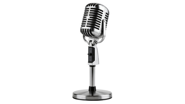 Retro silver microphone with adjustable stand, isolated on transparent background