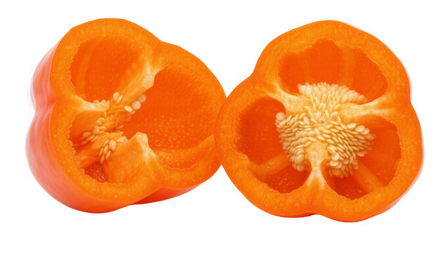 Bright orange bell pepper cut in half showing seeds, isolated on transparent background