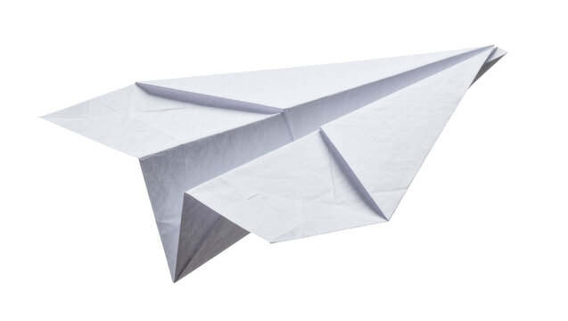 White paper airplane folded from textured paper, isolated on transparent background