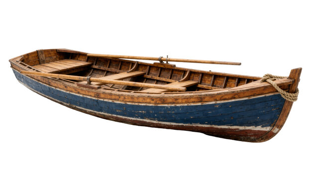Wooden rowboat with blue hull and oars, isolated on transparent background