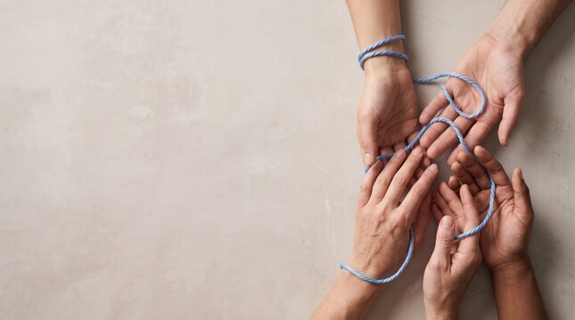 Diverse hands connected by blue thread in a visual metaphor for unity and social networks