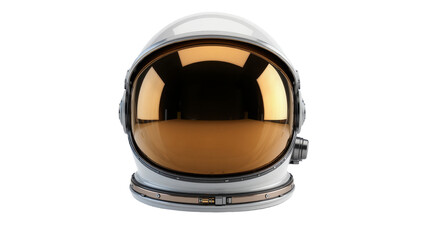 White astronaut helmet with golden visor, isolated on transparent background © Luke
