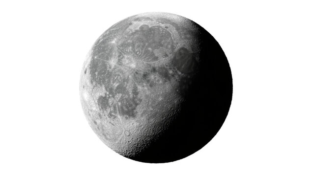 Detailed crescent moon surface with craters, isolated on transparent background