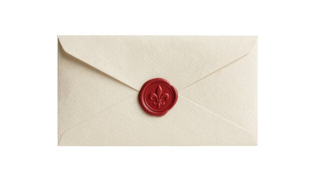 Cream textured envelope sealed with a red wax stamp featuring a fleur-de-lis, isolated on transparent background