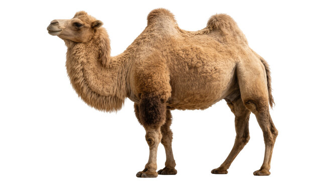 Dromedary camel with one hump standing profile, isolated on transparent background