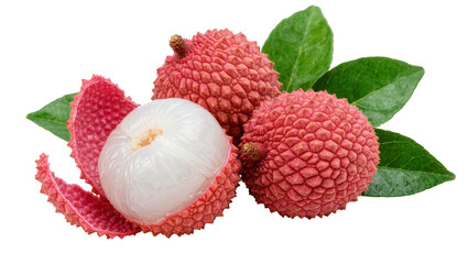 Three ripe lychee fruits one peeled to reveal juicy white flesh, isolated on transparent background © Luke