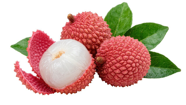 Three ripe lychee fruits one peeled to reveal juicy white flesh, isolated on transparent background