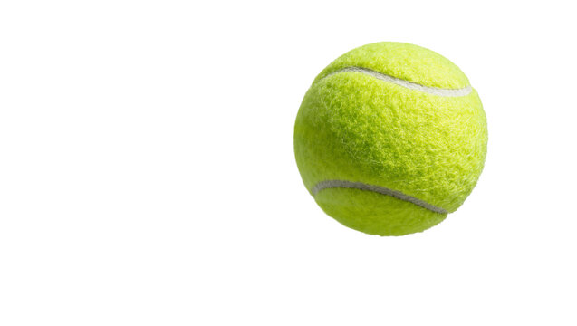 Bright yellow fuzzy tennis ball with white seam, isolated on transparent background