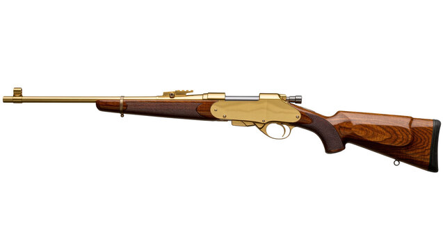 Polished brass and dark wood bolt action rifle, isolated on transparent background