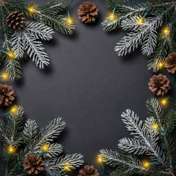 Christmas holiday decoration with pine branches pinecones and lights with copy space