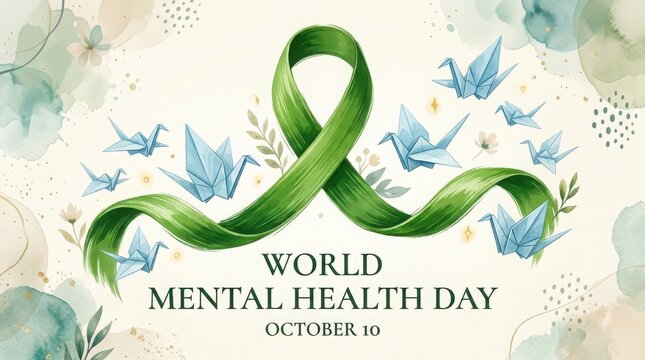 World mental health day banner with green ribbon and origami cranes
