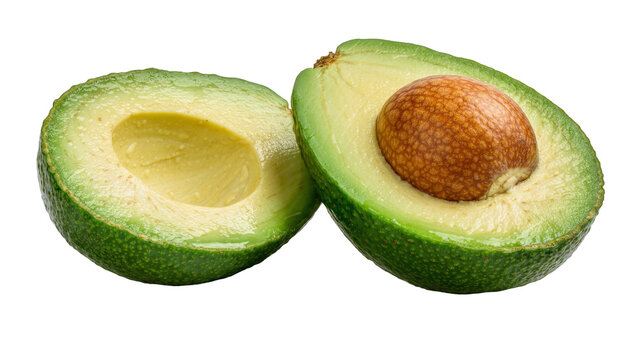 Fresh green avocado cut in half with large brown seed, isolated on transparent background