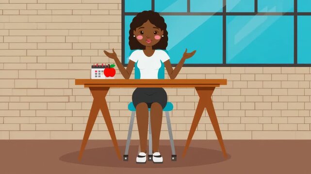 Animated Woman Working at Desk with Calendar and Apple in Home Office Setting, Productivity and Work Concept
