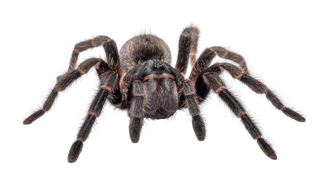 Fuzzy brown tarantula spider with eight hairy legs, isolated on transparent background