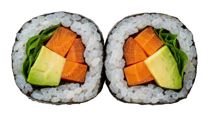 Two fresh vegetable sushi rolls with avocado carrot and lettuce, isolated on transparent background © Luke
